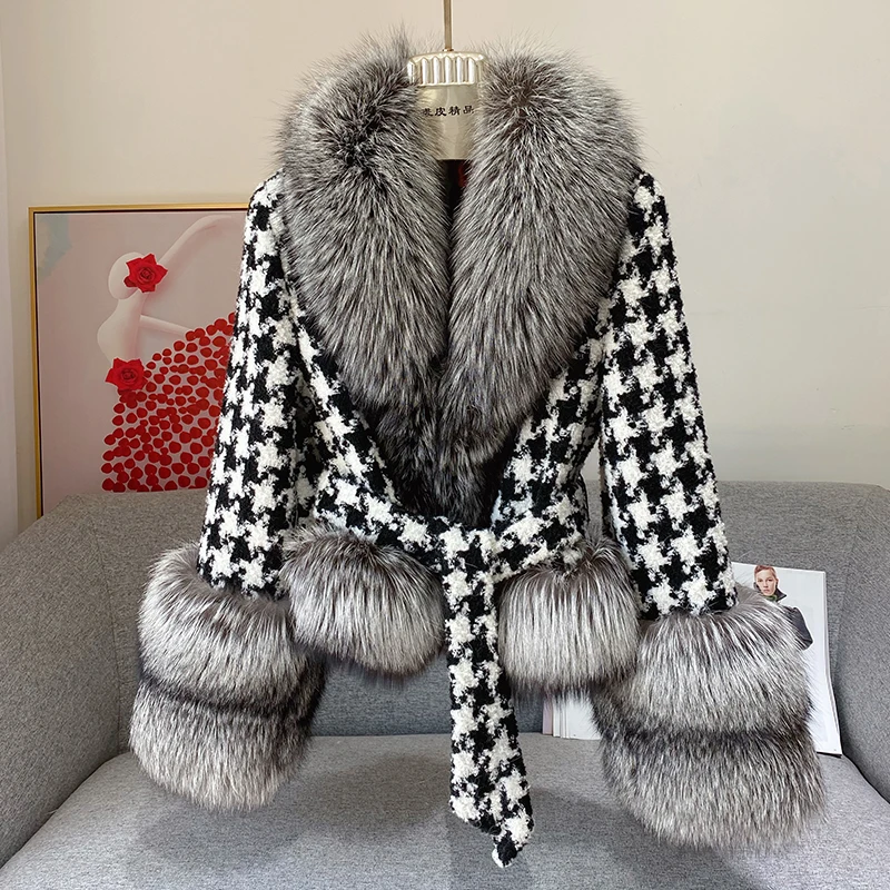 Zdfurs * 2021 outono e inverno casaco de pele feminina houndstooth colarinho curto prata raposa corte de pele moda roupas femininas