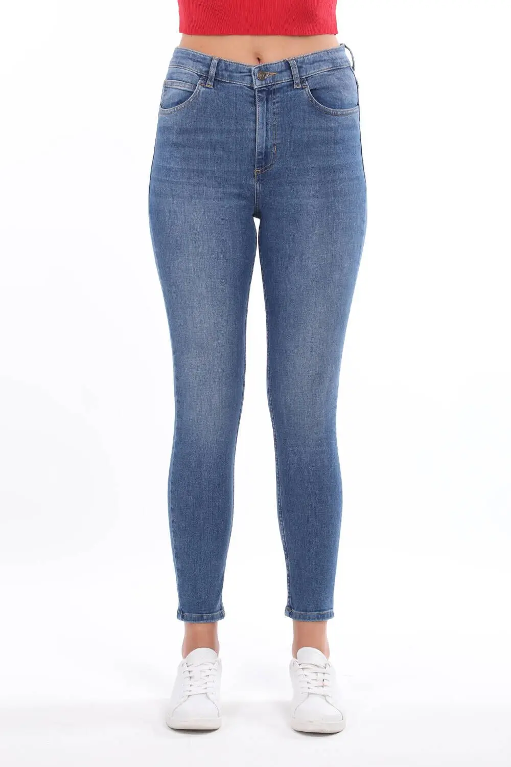 Women's Blue Mid Waist Skınny Jean Pants