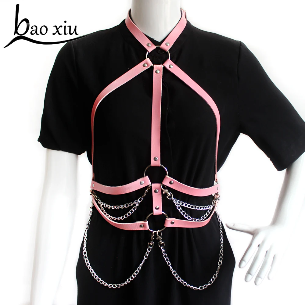 

New Sexy Suspenders Leather Belts for Women Harajuku Goth Adjustable Bondage Holographic Metal Tassel Chain Harness Corset Belt