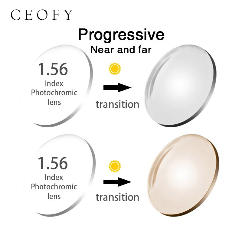 

CEOFY 1.56 Index Photochromic Progressive Prescription CR-39 Resin Aspheric Glasses Lenses Myopia Sunglasses Lens