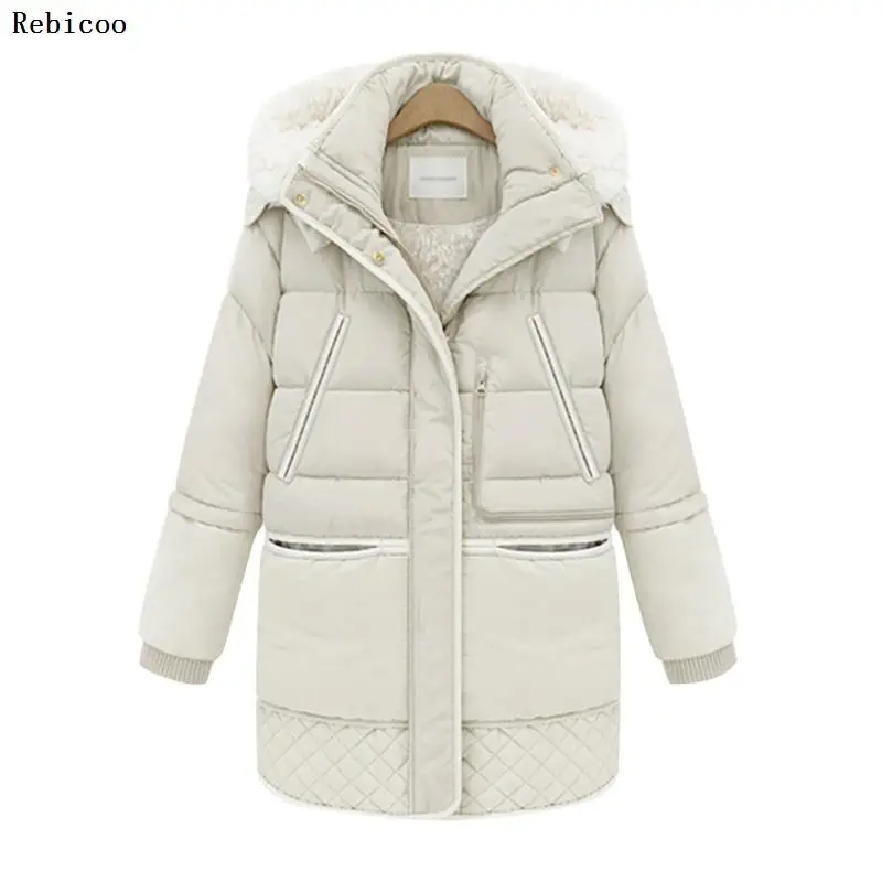 

Winter Women Hooded Zipper Down Jacket Fleece Inside Military Long Casual Coat outerwear Parkas Chic Lamb Fur Coat Female