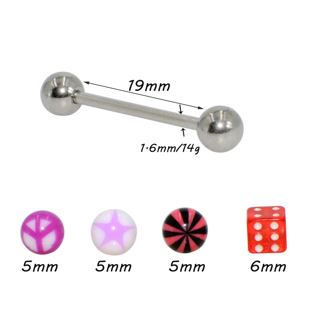 1Set(5 pcs) Surgical Steel Bar Acrylic Ball Dice Barbell Ring Tongue Nipple Bar Tragus Helix Ear Piercing Body Fashion Jewelry