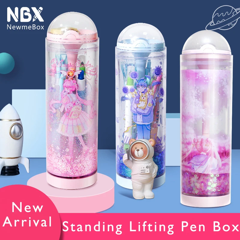 Newmebox Kawaii Lifting Standing Pencil Case Cartoon Pattern Pen Holder Large Capacity Stationery Box Office School Storage Bag