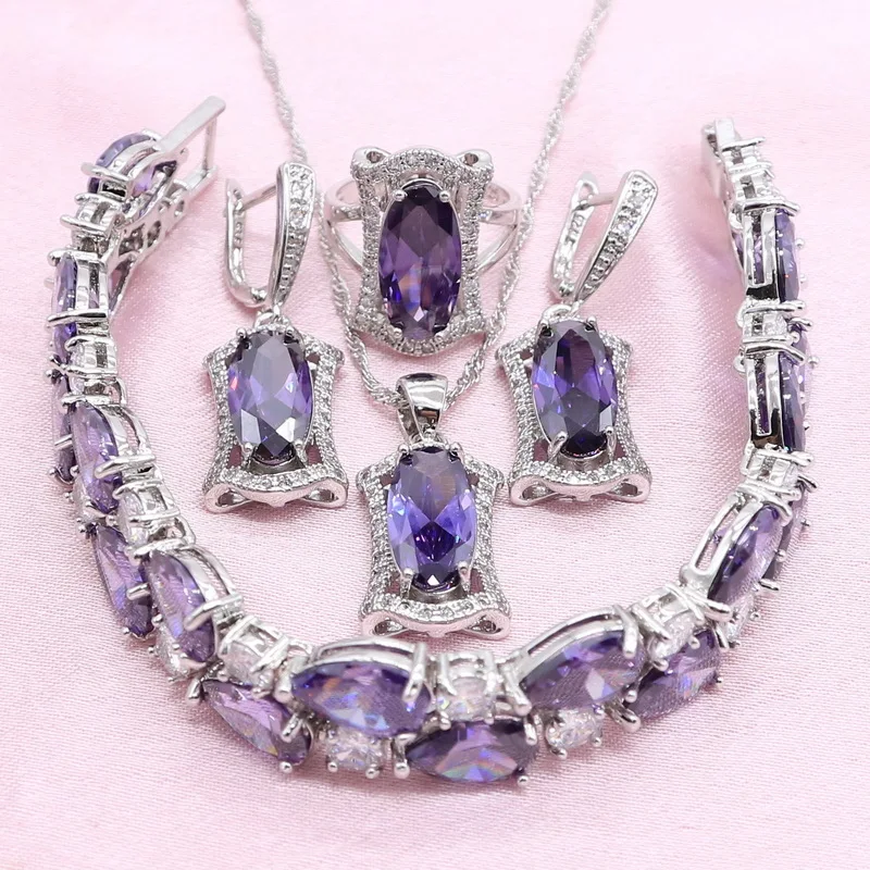 Bride Jewelry Sets For Women Elegant Purple Cubic Zirconia Silver Color Earrings Bracelet Necklace Pendant Ring Christmas Gift