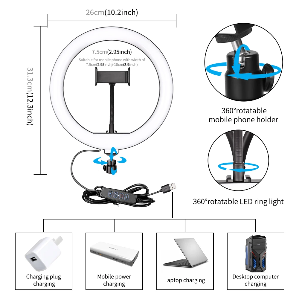 Anel de luz led de 6/10 pol. para fotografia, lâmpada usb regulável com tripé para transmissão ao vivo de maquiagem, vídeos do youtube, estúdio