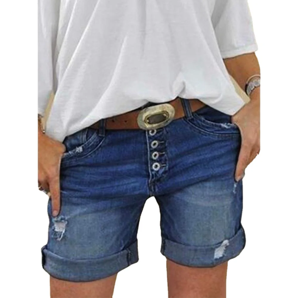 Women Summer Denim Shorts Sexy Ripped Hole Button Jeans Shorts Ladies Plus Size Regular Short Pants