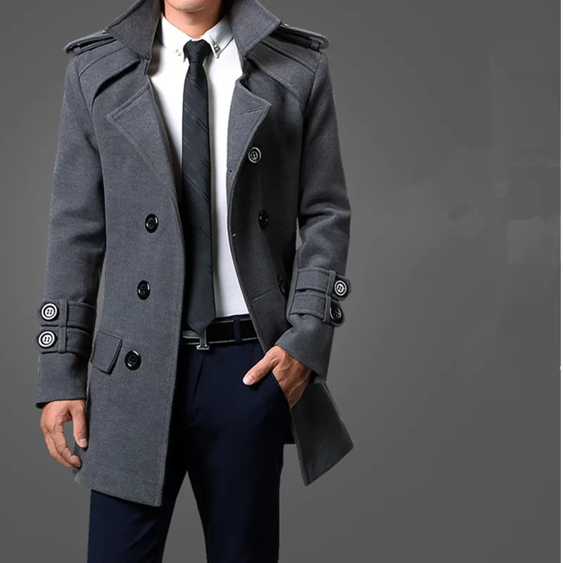 UHYTGF Autumn Winter Solid Trench Coats Men Coat Fashion Double breasted Windbreaker Jacket With Belt Lapel Overcoat Parka 906