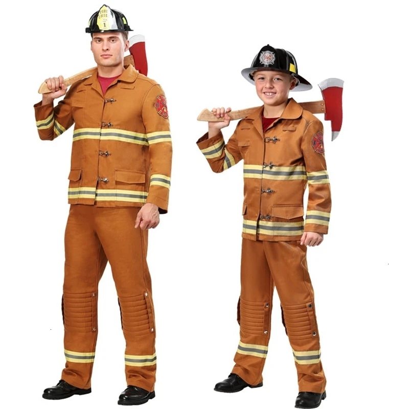 

new Firefighter Cosplay Halloween Costumes for Kids Children adult Fire Police Clothing Fireman Uniform for Boy men Costume Set