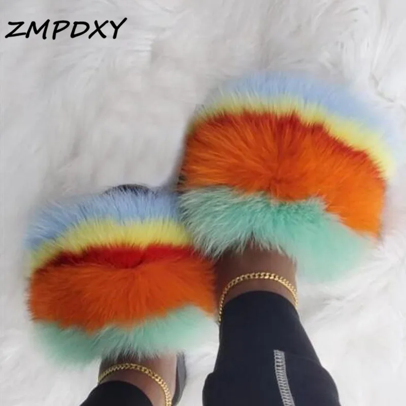 Women Fur Slides Real Fox Fur Slippers Rainbow Plush Furry Fur Flip Flops Fashion Ladies Comfortable EVA Flat Fluffy Fur Shoes