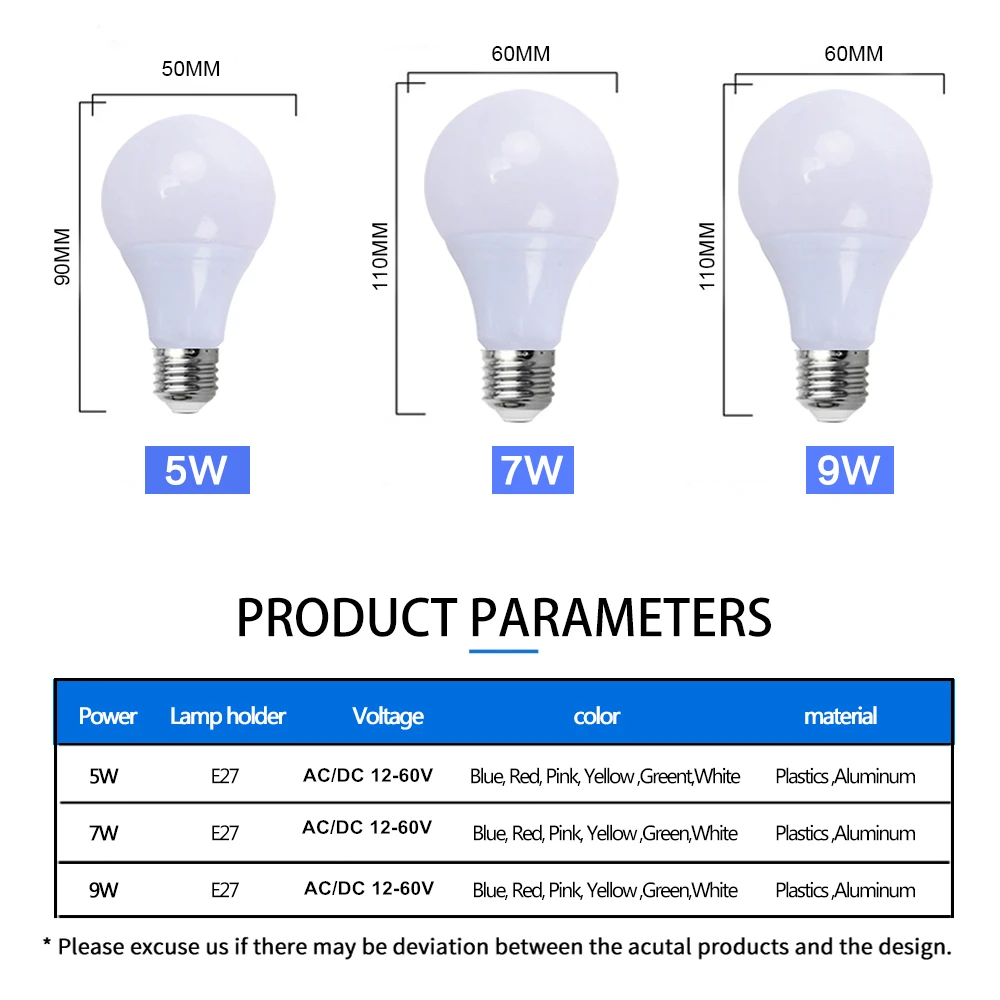 E27 LED Bulb 12V DC 24V 36V AC Led Light Lamp 5W 7W 9W Lampada Red Blue Green Yellow Pink Bombilla Bulbs For Transformer