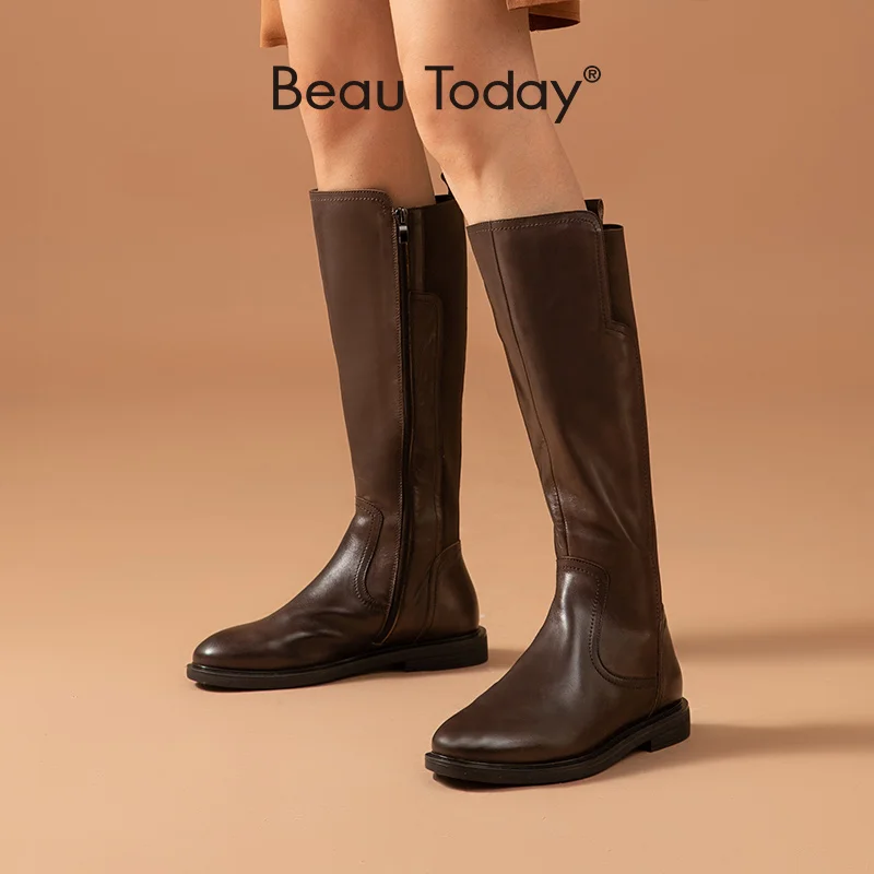 

BeauToday Long Boots Women Genuine Cow Leather Elastic Band Knight Boots Side Zip Round Toe Female Flat Shoes Handmade 01217