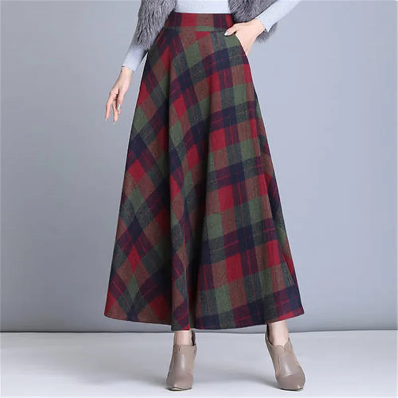 Plaid Tall Waist Long Skirts For Women Autumn Winter Elegant Korean Fashion Maxi Skirt Mom Plus Size 3xlcasual  Loose Wool Skirt