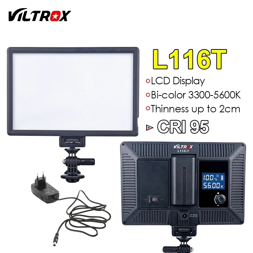 

Viltrox L116T Camera LED video light LCD Display Bi-Color & Dimmable Slim DSLR + AC power Adapter for Canon Nikon DV Camcorder