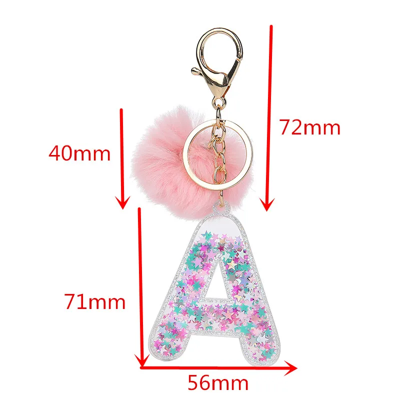 1PC Women Keychain English Letter Glitter with Puffer Ball