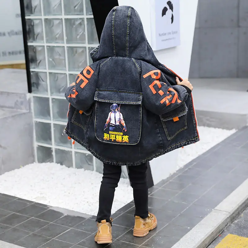 Denim Jacket Boys 2024 Autumn Winter Fashion Cartoon Plus Velvet Hooded Warm Trench Coat Children\'s Outerwear Teenager Clothes