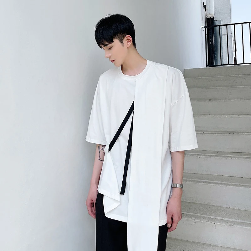 Men's Summer Large Size Asymmetric and Irregular Design Large Size T - Shirt with Adjustable Character Ribbon Loose Collars