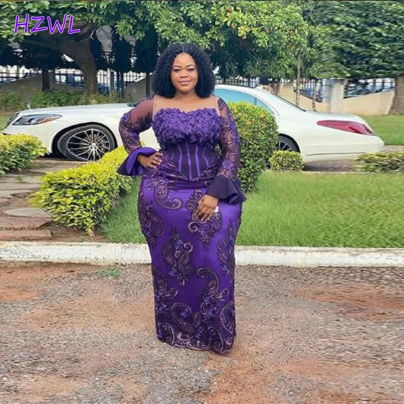 Purple Plus Size Prom Dresses Aso Ebi African Lace Appliques Sheer Neck Long Sleeves Evening Gowns Floor Length Robe De Soiree