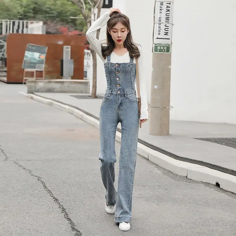 สูงเอว Slim Denim Jumpsuit ผู้หญิง2020ฤดูใบไม้ผลิใหม่เกาหลีหลวม Slim ตรง Overalls Overalls ผู้หญิงหลวมหลวม