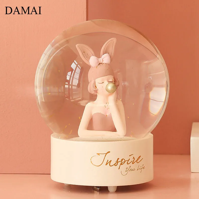 Bunny Girl Decorative Crystal Ball Home Decor Resin Charms  Music Box Coffee Table Figurines Living Room Decoration Accessories