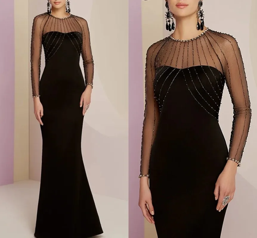 Robe De soirée noire De forme sirène, luxueuse tenue De soirée longue, manches à effet d'illusion De perles, bijoux