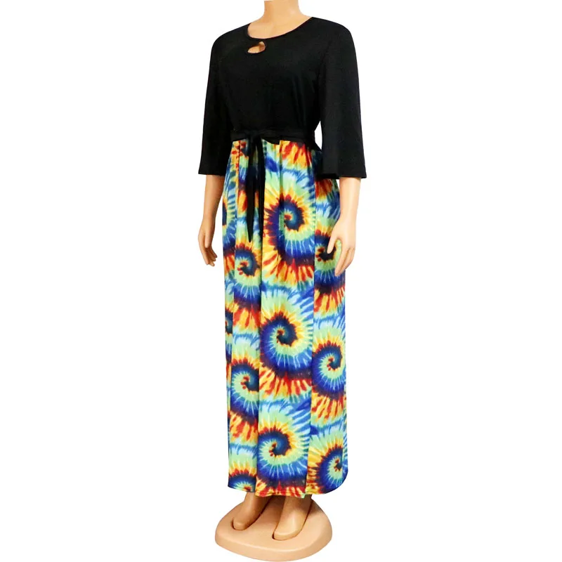 Holiday Beach Style Half Flare Sleeve Summer African Dresses Fashion Colorful Elastic Waist Sashes Maxi Dress for Women