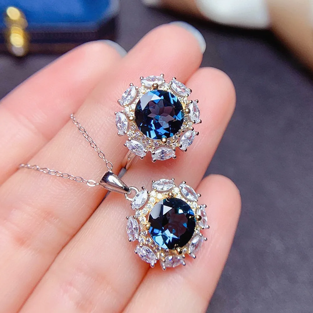 Fireworks Blue Crystal Sapphire Gemstones Diamonds Pendant Necklaces Rings for Women 14k White Gold Silver Color Jewelry Sets