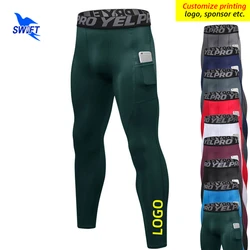 Compressão elástica seca rápida masculina correndo calças justas com bolso, calças de ginástica Fitness, leggings de treino, calças esportivas, personalizado