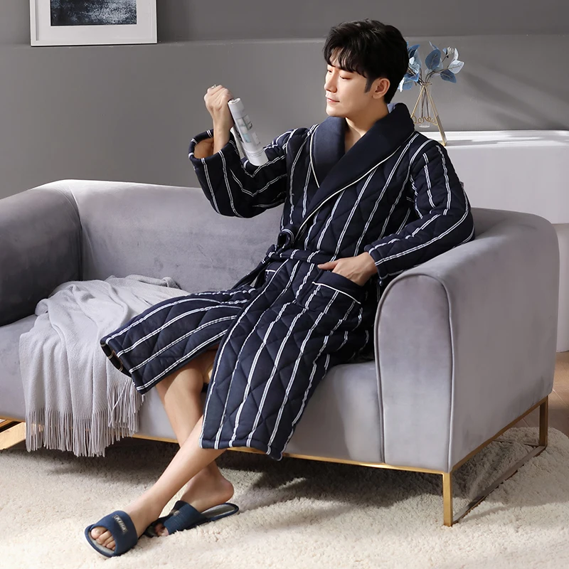 Thick 3 Layers Keep Warm Winter Striped Bathrobe Men Soft Cotton Quilted Long Kimono Bath Robe Male Dressing Gown for Mens Robe