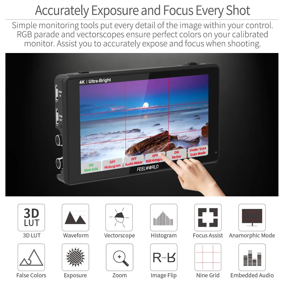 FEELWORLD LUT6S 6 Inch 2600nits Touch Screen SDI Camera Field Monitor 3G-SDI HDR 3D LUT 4K HDMI Input Output 1920X1080 IPS