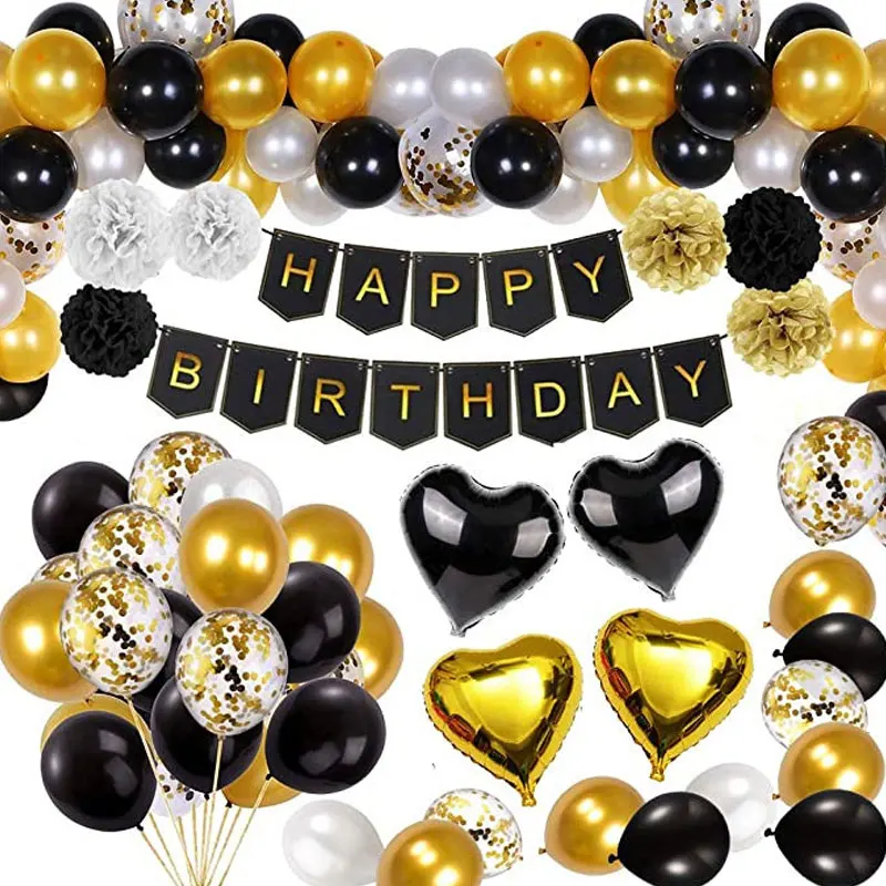 46Pcs/set Golden Black Round Latex Balloon Fish Tail Happy Birthday Hanging Flag Foil Balloon Gift Birthday Party Decoration