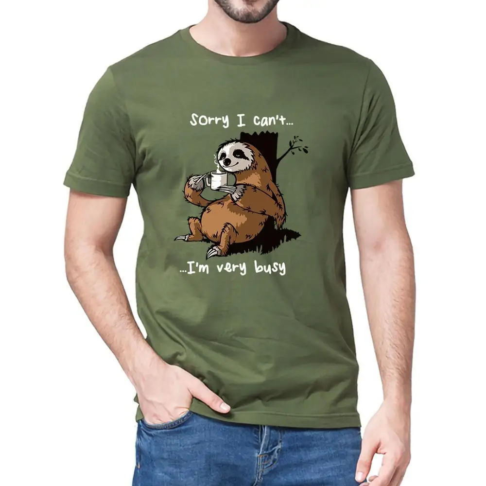 Funny Premium Cotton Sloth Drinking Coffee Sorry I Can\'t I\'m Very Busy Men Camisas Hombre T-Shirt Fashion Unisex Women Tops Tee