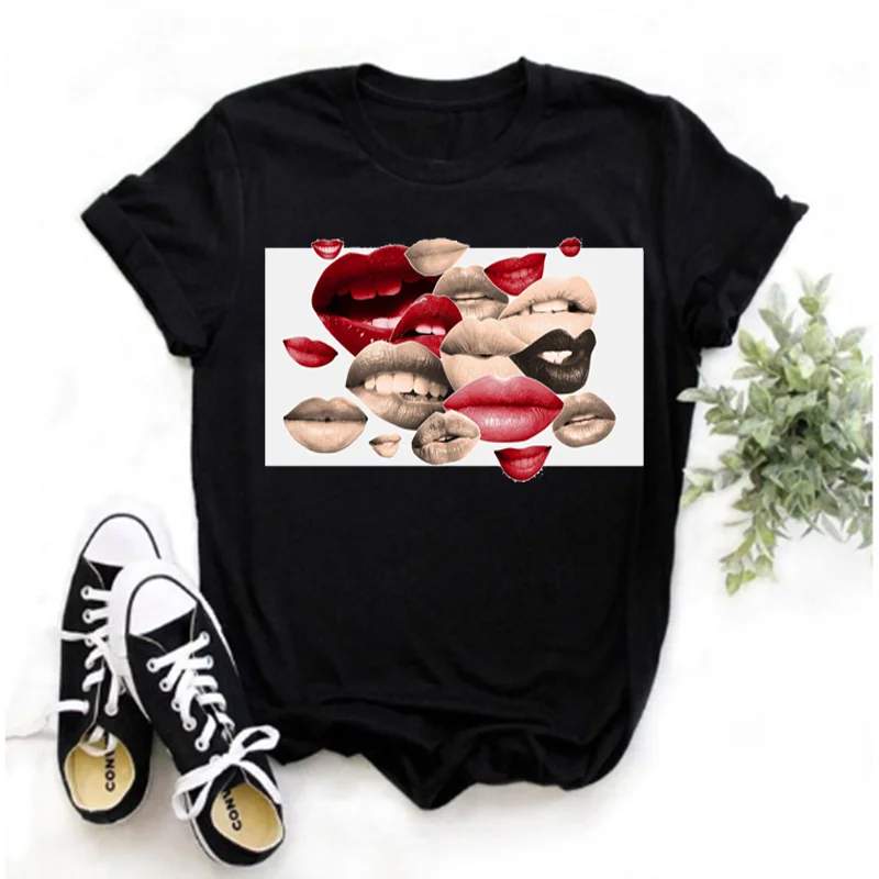 Red Mouth Kiss Lips Print T-shirt Women Leopard Print Black Blouse Harajuku Ladies T-shirt Ladies T-shirt