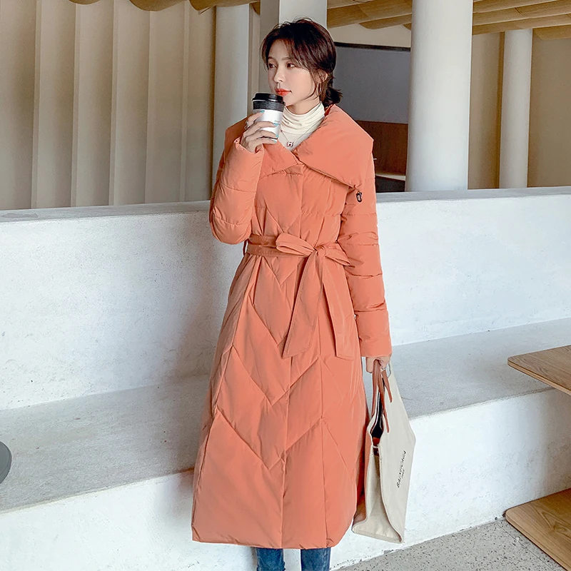 Winter Solid Turn-Down Collar Down Cotton Jacket Women Korean Style Casual Long Parkas Zipper Pockets Female Overcoat