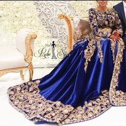 Caftán marroquí azul real, caftán musulmán, vestidos de noche acampanados, apliques de manga larga, Abaya árabe de Dubái, vestido islámico personalizado
