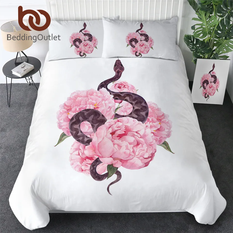 BeddingOutlet Flower Pink Bedding Set Snake Comforter Cover Watercolor Peony Bedclothes Floral Home Textiles 3pcs Jogo De Cama