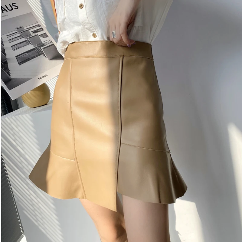 Mini  Leather Fishtail Skirt Women Femme Elegant Chic Real Lambskin Irregular Short Jupe Mujer High Waist RuffledFalda Corta