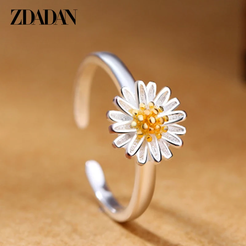 

ZDADAN New Arrival 925 Sterling Silver Vintage Daisy Flower Rings For Women Wedding Jewelry Open Adjustable