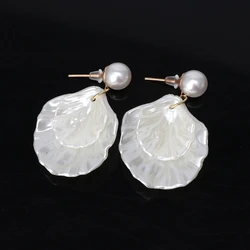 2022 New Mother of Pearl Double Shell Dangle Hook Earrings Silver Tone Jewelry