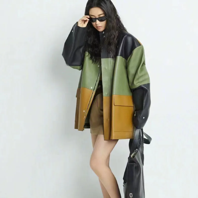 

Women Coat Spring And Autumn 2021 New Fashion Regular Length Real Sheepskin Three Color Spliced Genuine Leather Jacket