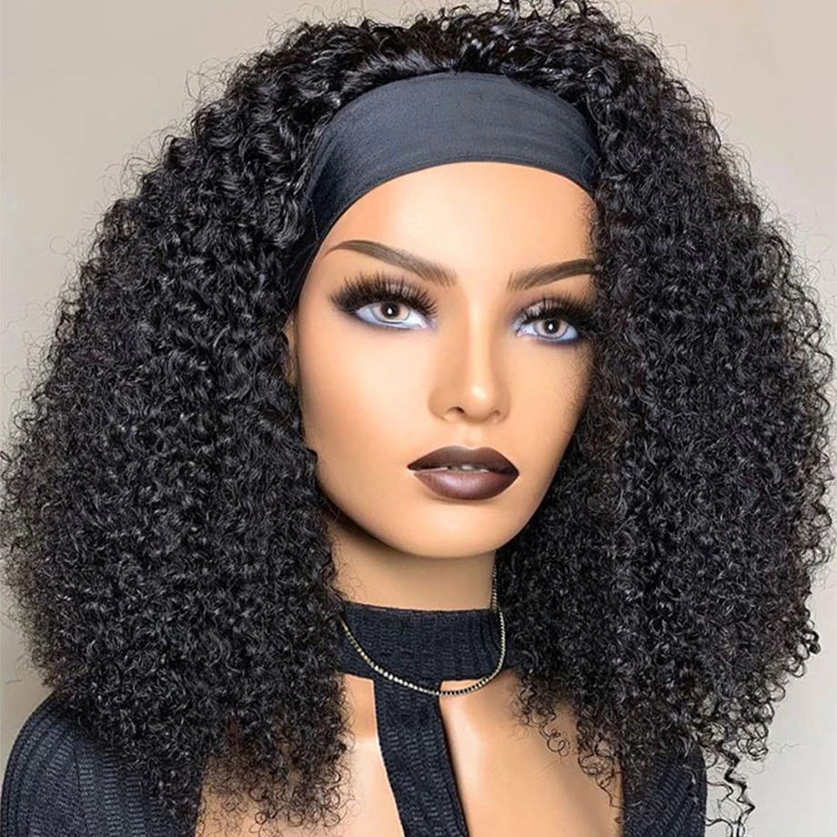 Kinky Curly Headband Human Hair Wig Without Glue And Gel Put On And Go Human Hair Wigs Natural Brazilian Wigs For Black Women