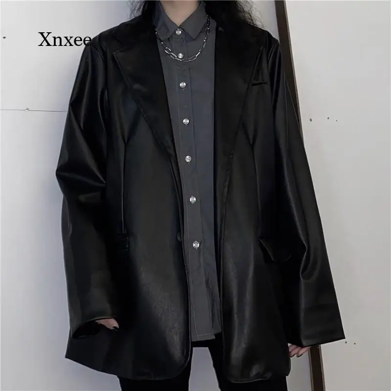 2021 Retro Black Leather Motorcycle Jacket Warm Female Loose Long-Sleeved Suit Jacket Fashion Street Women\'s Spring Jacket