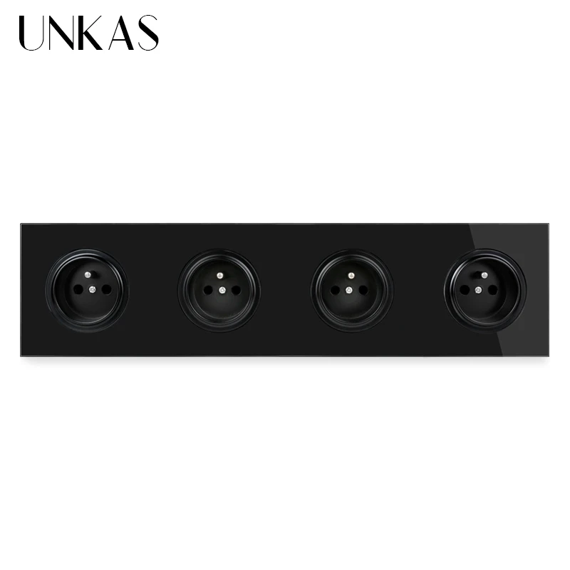 UNKAS French Standard Wall Power Socket 344MM * 86MM Colourful Black Gold White Tempered Crystal Glass Panel Outlet