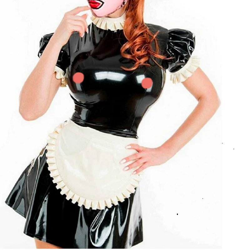 

Latex dress corset style tight w/ Shirt collar ruffle neckline apron