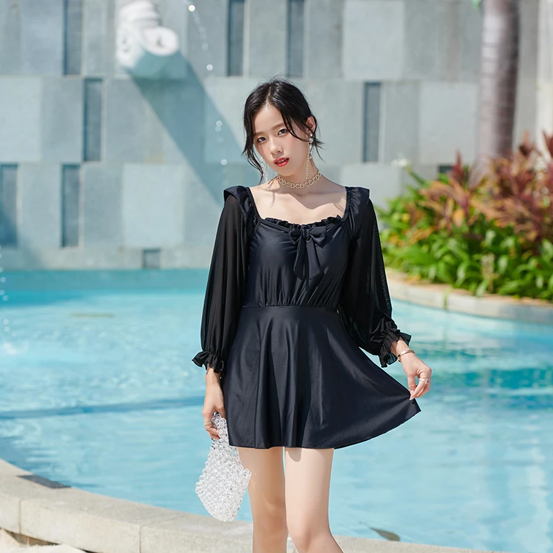 Chiffon Swimdress Tay Dài Chống Nắng Đồ Bơi Ren Bụng Điều Khiển Bathsuit Nơ Băng Một Mảnh Monokini