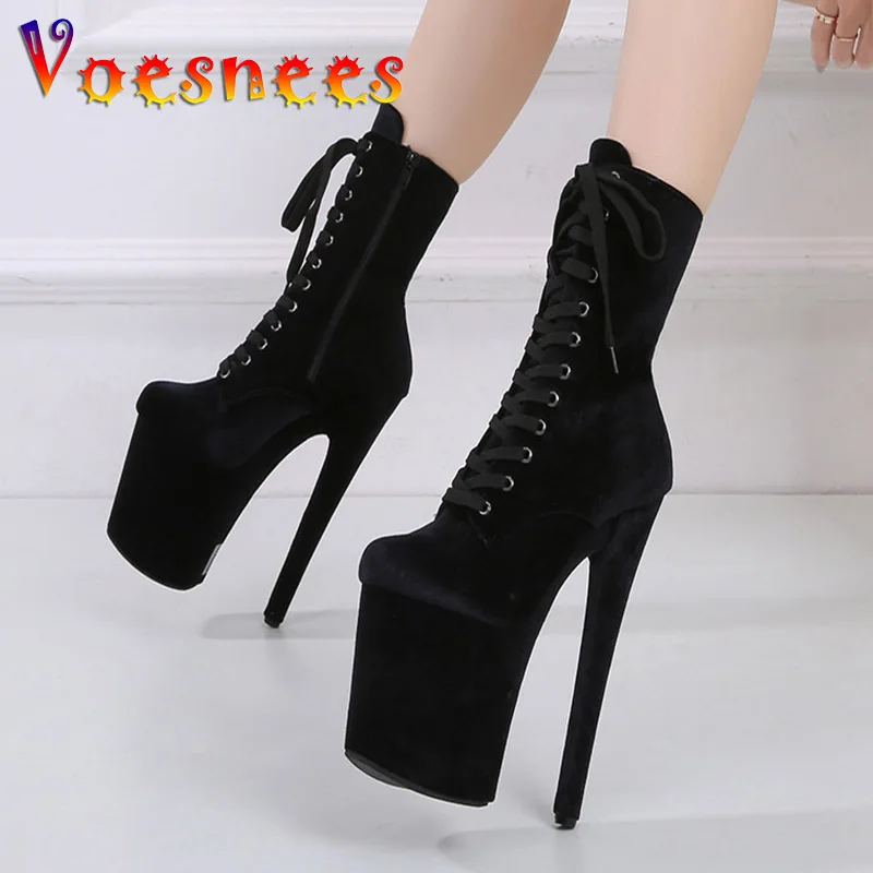 Autumn And Winter Fashion Pole Dance Show Shoes 20CM Hate Sky High Flock Mid-Calf Boots Women Sexy Platform Zipper High Heels