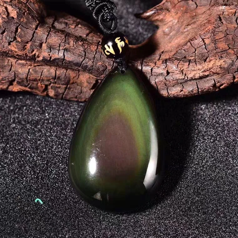 

Natural Black Obsidian Strong Rainbow Green Purple Flash Light Pendant Water Drop 28x18mm Black Obsidian Necklace AAAAA