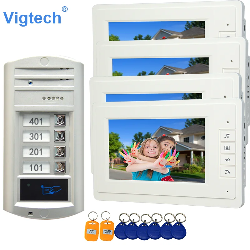 Vigtech 7\'\' color video door phone 4 monitors with 1 intercom doorbell can control 4 houses for multi apartment RFID Camera