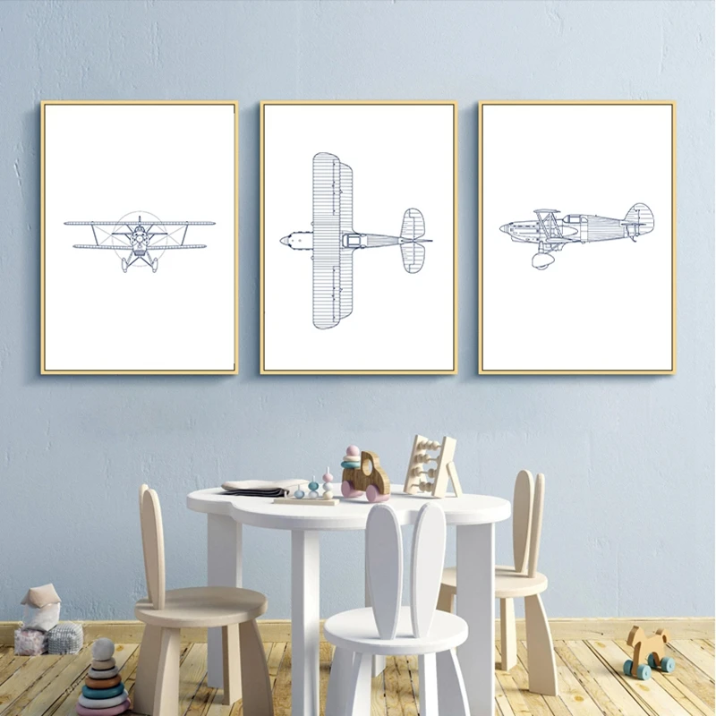 Airplane Prints Boys Nursery Decor Boy Kid Gift Navy Blue Airplane Poster Kids Room Wall Art Canvas Painting Children Decoration