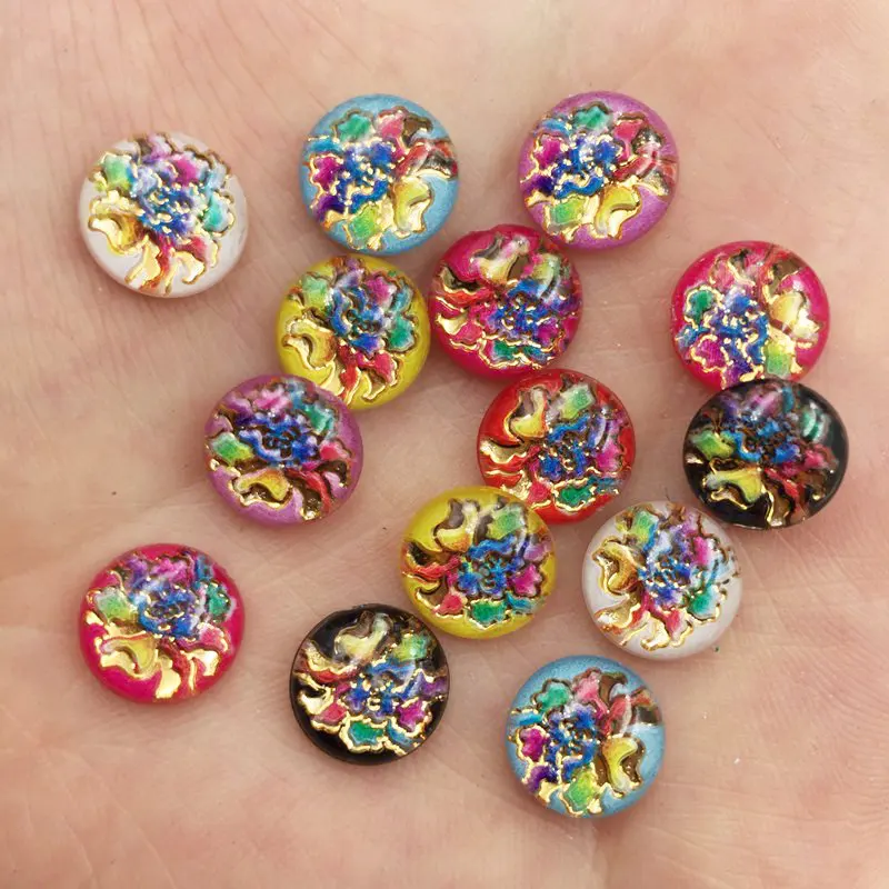 New 100pcs Mix Resin 10mm Colorful  Peony Round Flat back Rhinestone Appliques DIY Wedding Scrapbook Craft SF841