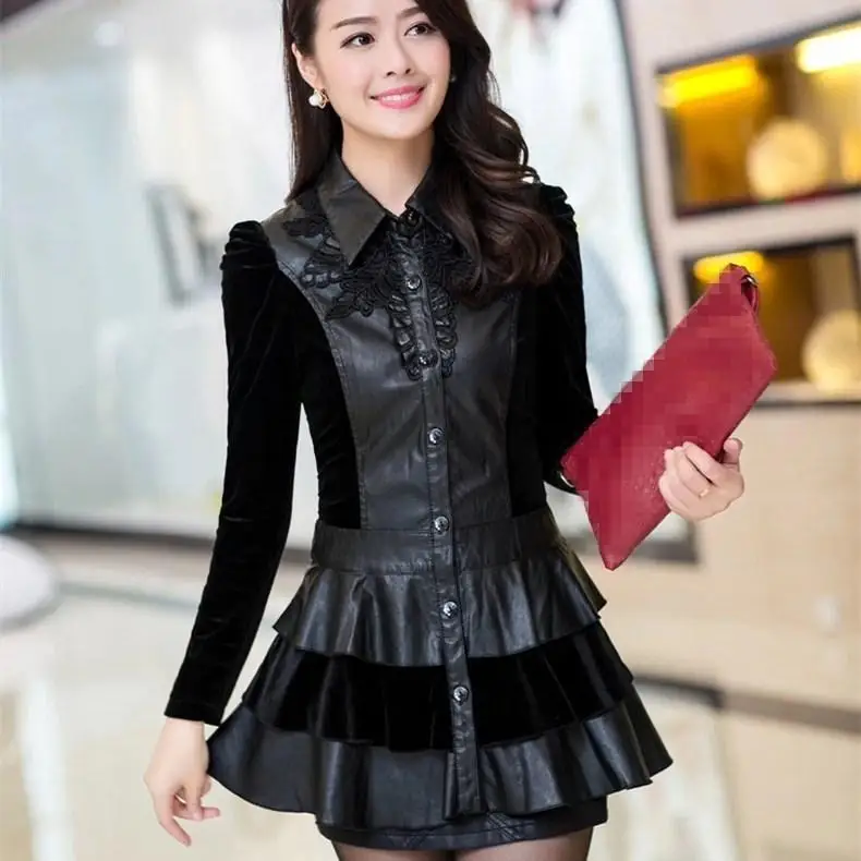 4Xl Autumn Winter Pu Leather Black Jacket Women Long-Sleeve Thin Long Outerwear Casual Turn-Down Collar Slim Coat